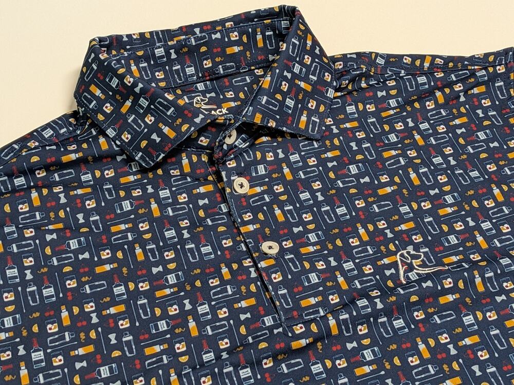 Rhoback Men’s Performance Golf Polo Size SMALL “The Old Fashioned” Print